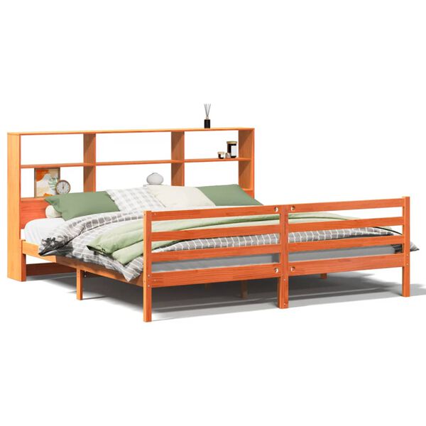Cama con estantería sin colchón madera maciza marrón 180×200 cm Marrón cera  180 x 200 cm