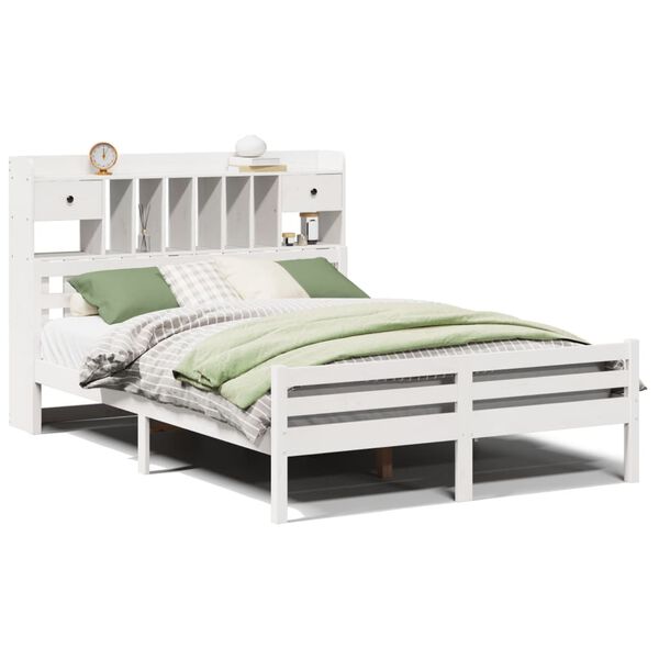 Cama con estantería sin colchón madera maciza blanca 140×200 cm Blanco  140 x 200cm