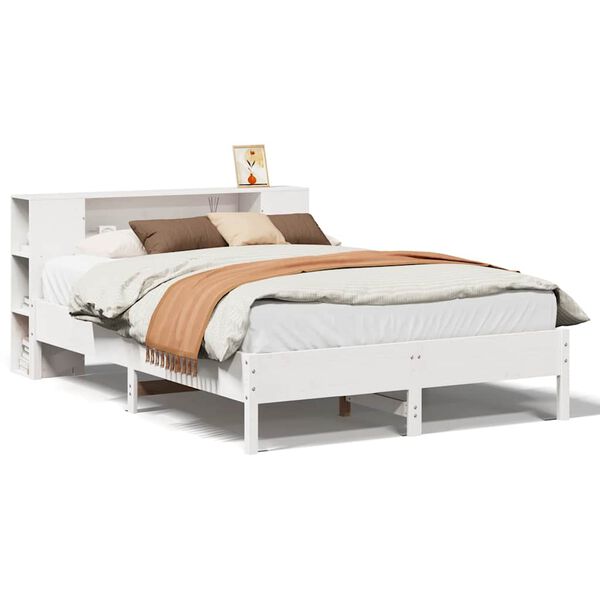 Cama con estantería sin colchón madera maciza blanca 160×200 cm Blanco  160 x 200cm