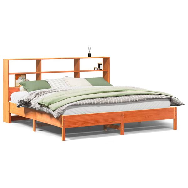 Cama con estantería sin colchón madera maciza marrón 180x200cm Marrón cera