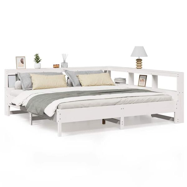 Cama con estantería sin colchón madera maciza blanca 200×200 cm Blanco 200 x 200 cm
