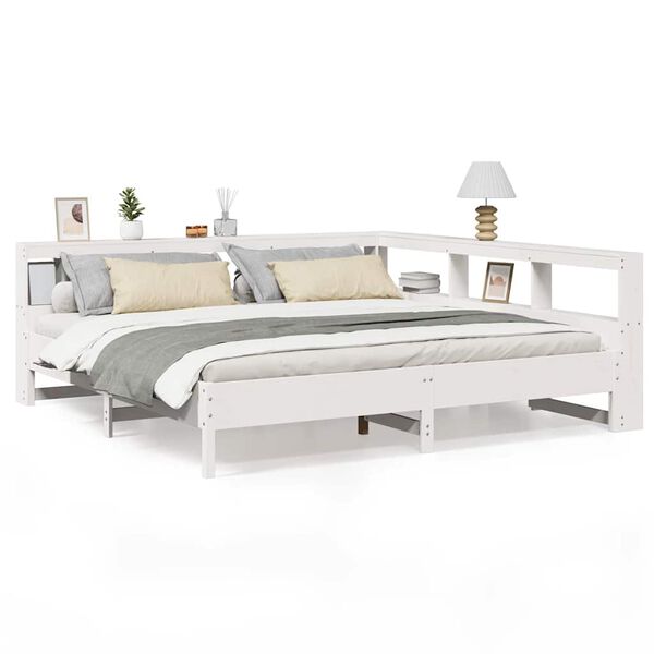 Cama con estantería sin colchón madera maciza blanca 180×200 cm Blanco 180 x 200 cm