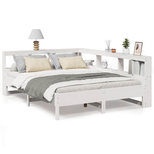 Cama con estantería sin colchón madera maciza blanca 135×190 cm Blanco 135 x 190 cm