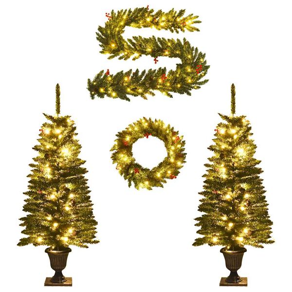 Árboles de Navidad artificiales 2 uds corona guirnalda y LED Verde y dorado