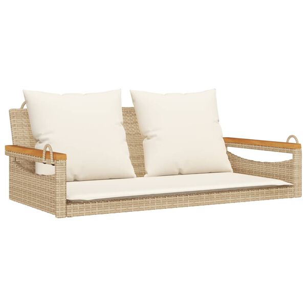 Banco columpio con cojines ratán sintético beige 109x62x40 cm beige y blanco crema Reposabrazos con diseño redondo 109 x 62 x 40 cm
