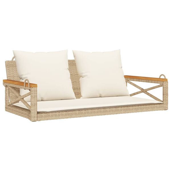 Banco columpio con cojines ratán sintético beige 109x62x40 cm beige y blanco crema Reposabrazos con diseño cruzado 109 x 62 x 40 cm
