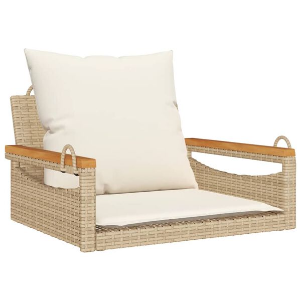 Banco columpio con cojines ratán sintético beige 63x62x40 cm beige y blanco crema Reposabrazos con diseño redondo 63 x 62 x 40 cm