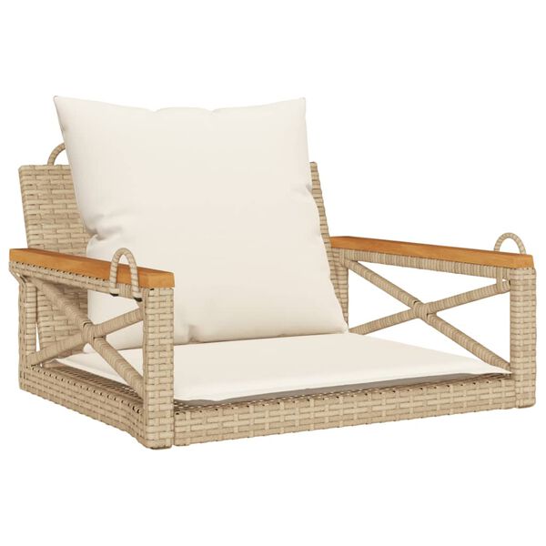 Banco columpio con cojines ratán sintético beige 63x62x40 cm beige y blanco crema Reposabrazos con diseño cruzado 63 x 62 x 40 cm