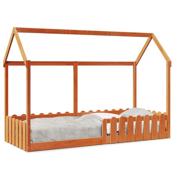 Cama con forma de casa de niños madera maciza marrón 80×200 cm Marrón cera  80 x 200 cm