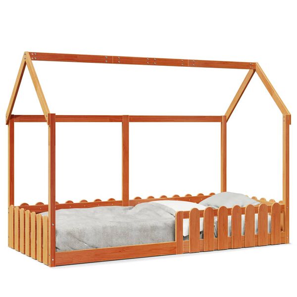 Cama con forma de casa de niños madera maciza marrón 90×190 cm Marrón cera  90 x 190 cm