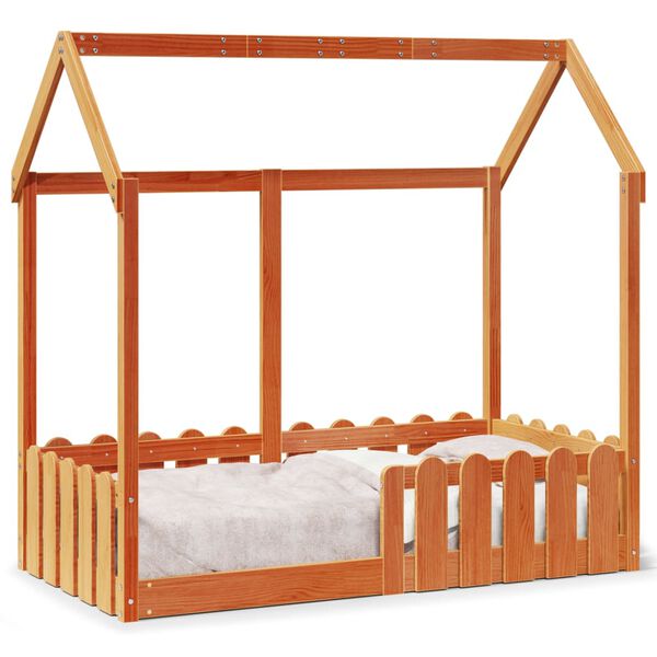 Cama con forma de casa de niños madera maciza marrón 70×140 cm Marrón cera  70 x 140 cm