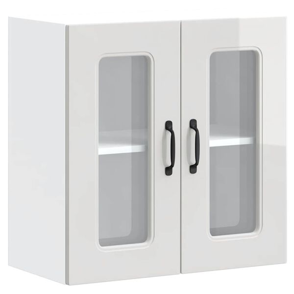 Armario de cocina de pared con puerta de cristal «Kalmar» de madera de ingeniería blanca brillante alto brillo 1x armario de pared con vidrio (2 puertas) 60 cm ancho 60 cm alto