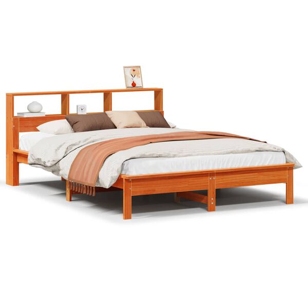 Cama con estantería sin colchón madera maciza marrón 120x200cm Marrón cera 120 x 200 cm